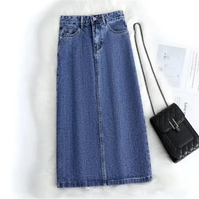 Femmes Denim jupe printemps une ligne été taille haute ample ourlet fendu bleu foncé Chic décontracté Streetwear Jean