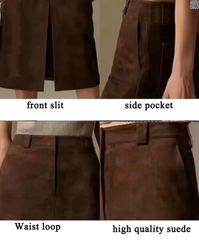 Jupe en cuir suédé Recurfs Youni pour femmes, style anglais, coloris chocolat profond, fendue avant, boucle de taille ajustable, doublure polyester, haute qualité, automne-hiver