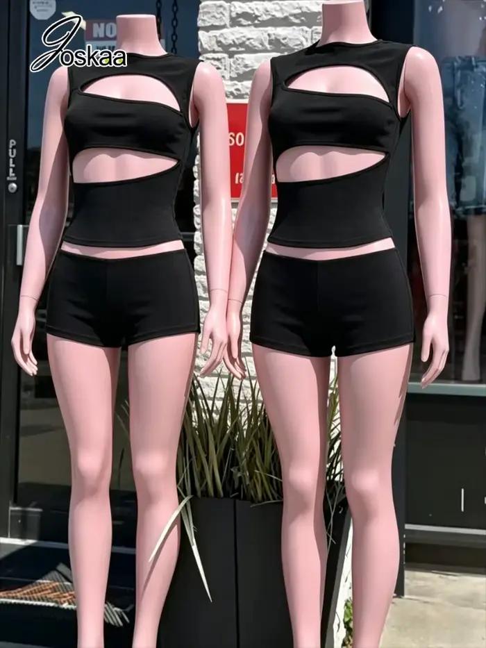 Ensemble décontracté côtelé 2 pièces Joskaa pour femme – Nouveauté été 2026 – Débardeur sexy ajouré + short assorti – Tenue de plage et streetwear