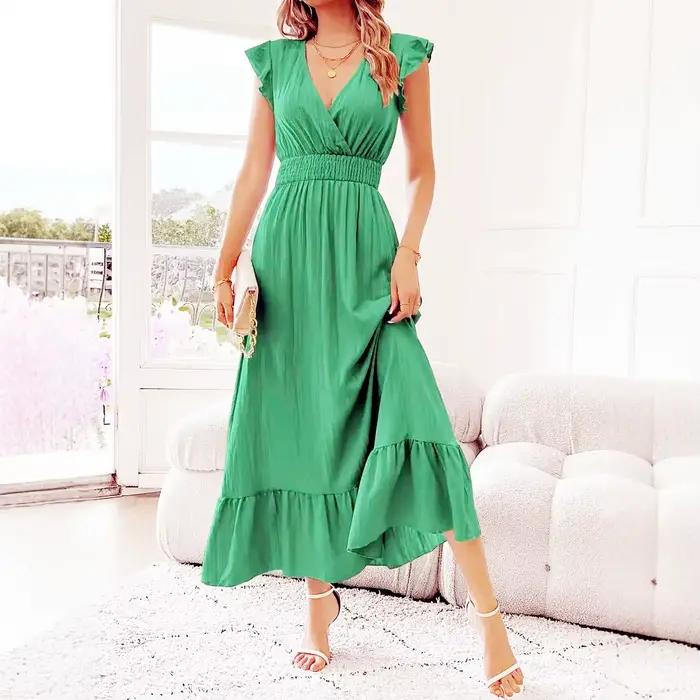 Robe longue d'été pour femmes à manches courtes, volants, sexy, élégante, col en V, robe maxi pour les vacances
