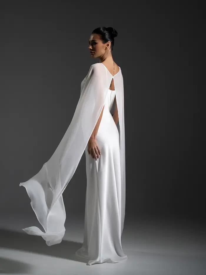 Robes de soirée de mariage en satin blanc avec cape transparente, décolleté en V profond, en taffetas, coupe trapèze, longue, sans manches, pour mariée