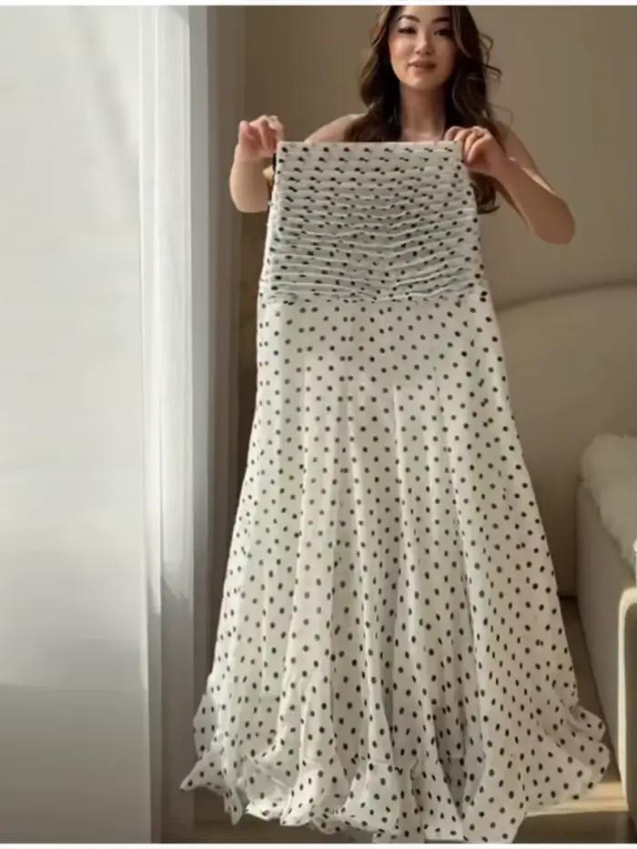 Jupe longue sirène élégante à pois froncée taille haute