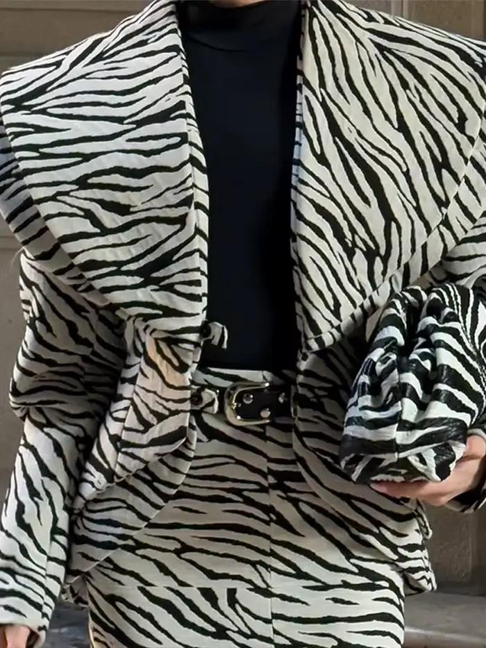 Mode zèbre imprimé profond-V veste jupe ensemble femmes revers complet Seeve cintré taille manteau mince