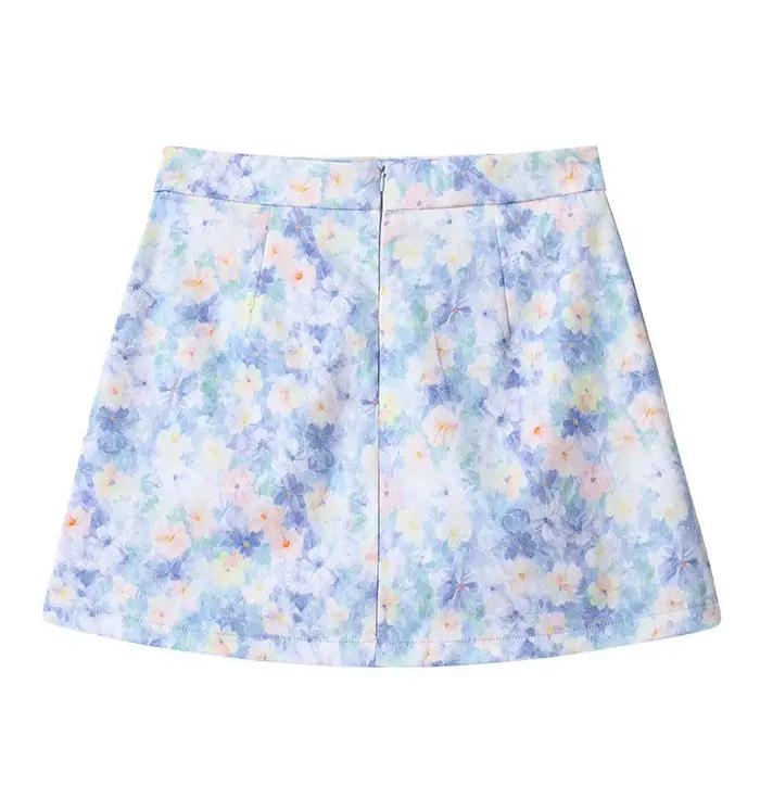 Jupe florale bleue de style français pour femme
