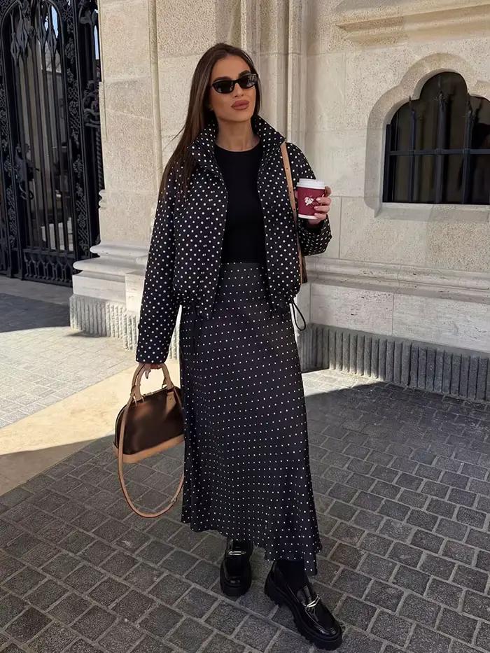 Ensemble jupe et manteau vintage noir à pois pour femme HH – Veste à col roulé à manches longues