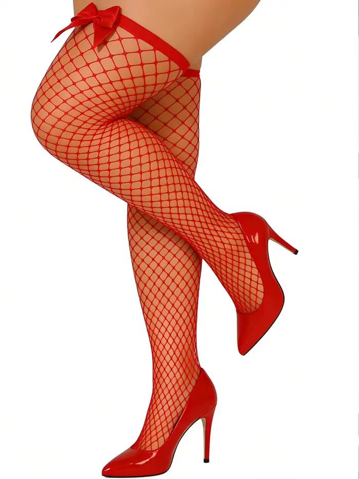 Bas résilles rouges pour femmes avec nœud en satin, bas transparents sexy pour tenues de soirée et de boîte de nuit élégants à offrir pour femme occasions spéciales
