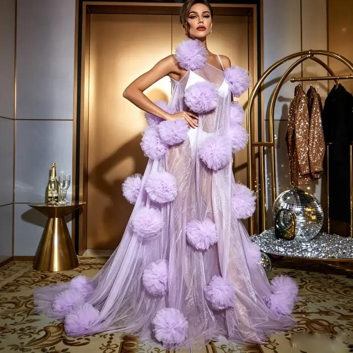Robe de bal en tulle transparent lavande avec pompons 3D, asymétrique à une épaule, longueur ras du sol, robe de soirée formelle