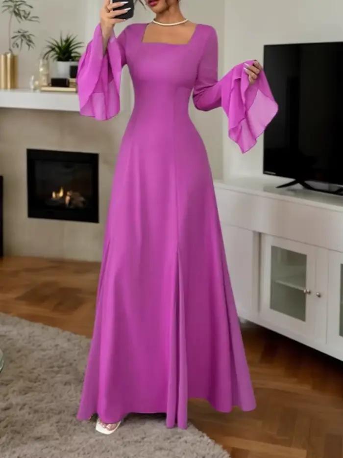 Robes de soirée bleues pour femmes, col carré, haute qualité, longueur ras du sol, traîne, coupe trapèze, manches longues, pour banquets et événements de prestige