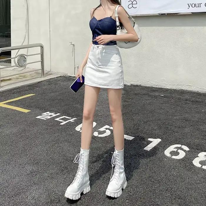 Xpqbb blanc Denim jupes femmes printemps été coréen taille haute paquet hanche jupe femme décontracté Simple sauvage