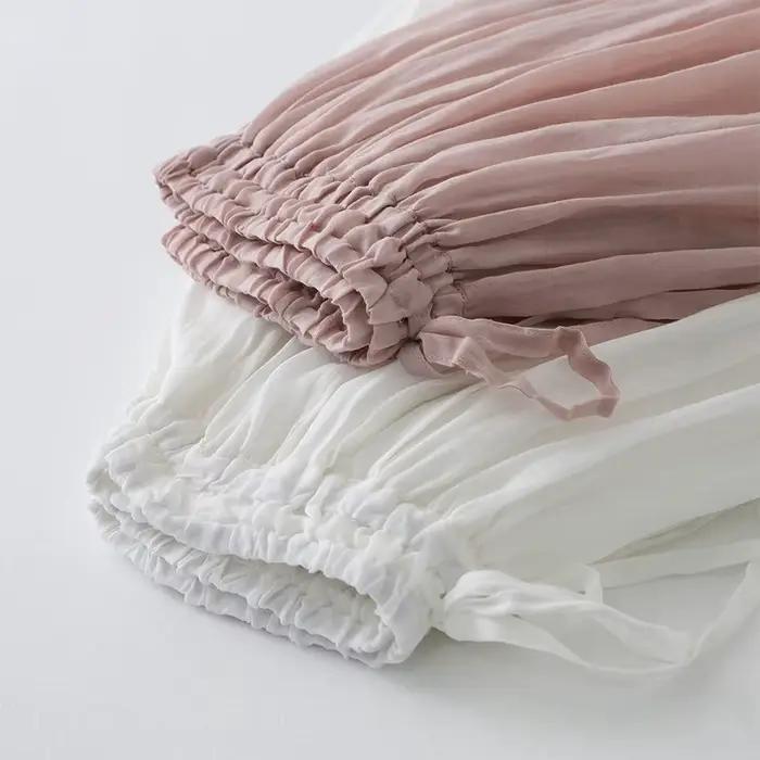 Printemps été Mori fille couleur unie dentelle Patchwork coton lin jupes femmes taille élastique décontracté ample