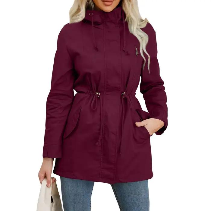 Trench-Coat à capuche pour femme, veste ajustée de couleur unie, pour le Camping quotidien en plein air et la randonnée, printemps-automne