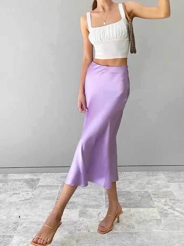 2025 élégant solide violet Satin soie jupe femmes taille haute été