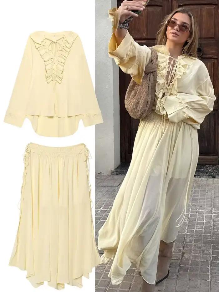 HH mode femmes jaune en mousseline de soie chemise jupe ensemble été à plusieurs niveaux décoration à lacets chemises +