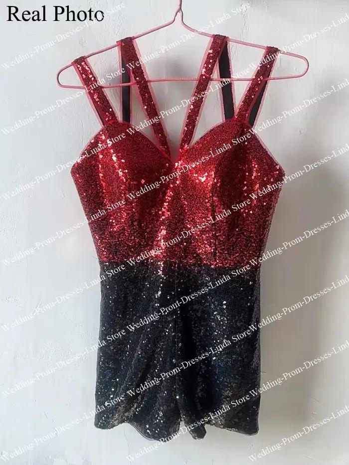 Zones de cocktail courtes rouges et noires pour femmes, robes de soirée ecoming, combinaison à col en V, mini paillettes, robe de soirée de Rh, éducatif, remise des diplômes, 2023