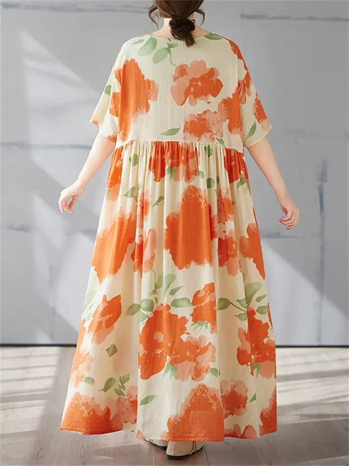 Coton Vintage à manches courtes robes florales pour femmes décontracté ample longue Robe Orange Femme Robe robes élégant vêtements d'été