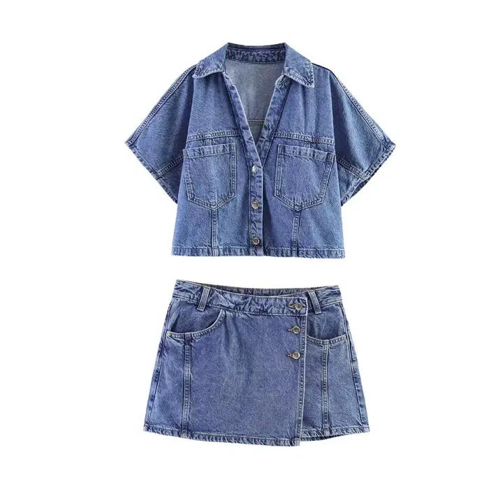 Ensemble deux pièces décontracté pour femme : haut court et jupe courte asymétrique en jean rétro, style urbain, mode estivale