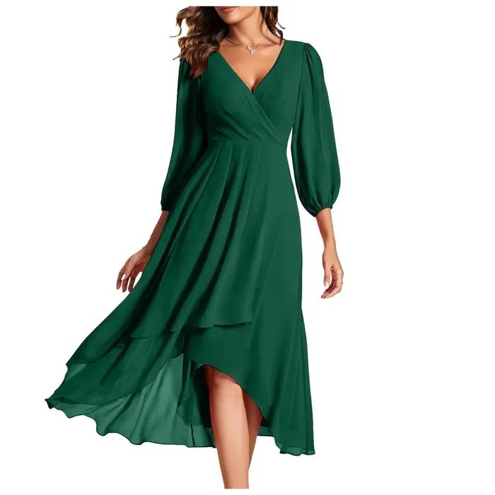 Robe en mousseline de soie fluide à plusieurs niveaux pour femme, robe trapèze plissée, col en V, manches longues, longueur midi, robe éducative, robe d'invité de mariage