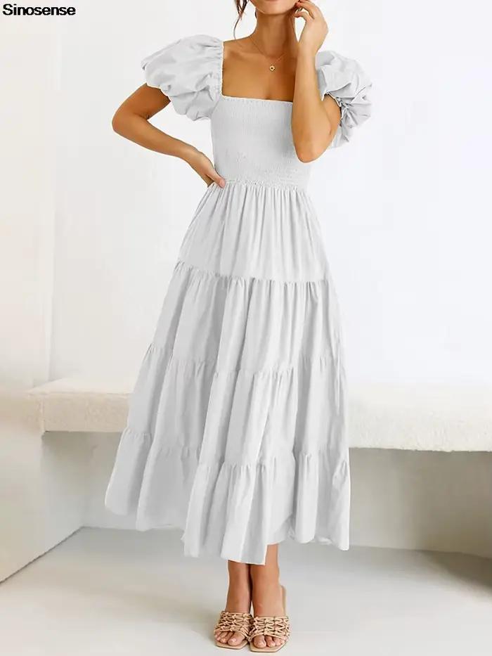 Robe Maxi Smockée à Plusieurs Niveaux pour Femme, Manches Courtes Bouffantes, Col Carré, Style Boho, Plage, Fluide, Ligne A, Longue, Invité de Mariage, Robe de Soirée, Été
