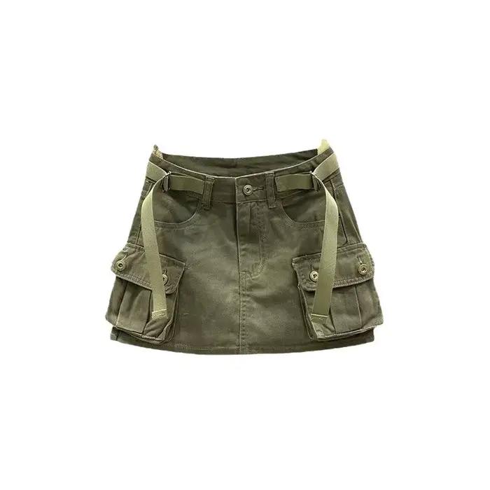Jupe mini cargo taille haute pour femme, jupe utilitaire en denim de couleur unie avec poches, mode streetwear, jupe mini décontractée pour l'été