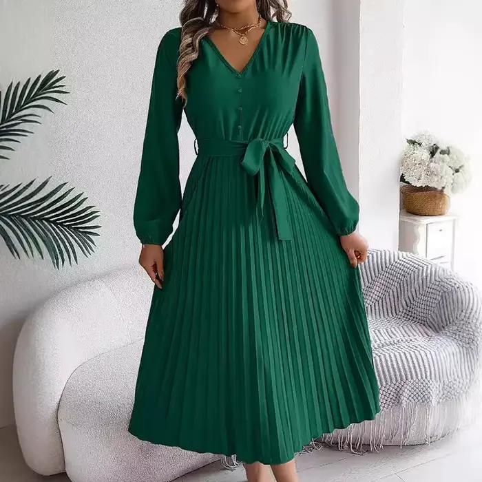 Femmes automne printemps jupe longue robe élégante col en V boutonné à lacets plissé décontracté à manches longues dame