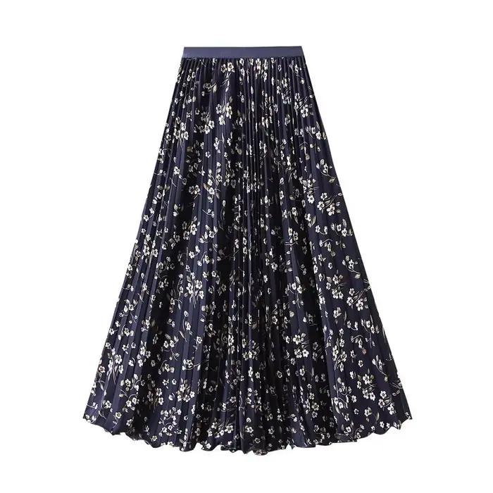 Jupe longue plissée mi-longue taille haute à imprimé floral coréen pour femme, style bohème, avec large ourlet et taille élastique
