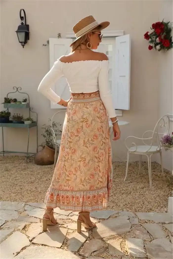 Jupe de plage vintage pour femmes, style bohème, imprimé floral paon, taille haute élastique, maxi, ligne A