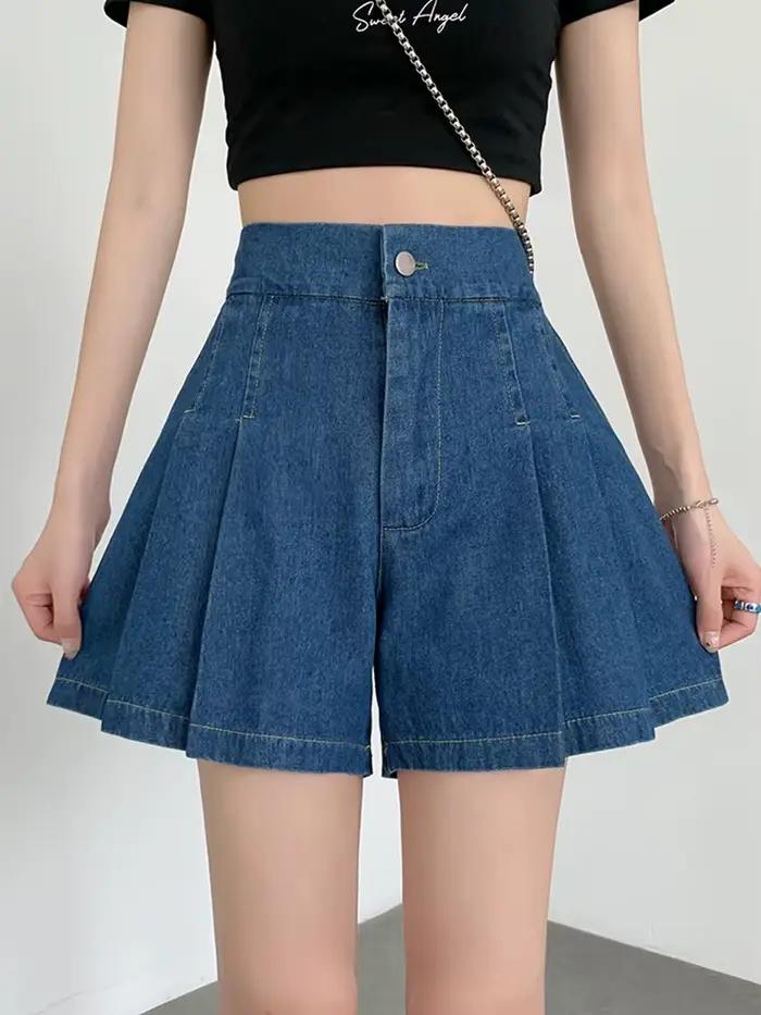Short denim ample ISUREYOUNG pour femmes, style doux, bleu ciel ou profond, taille haute, plissé, ajusté, pour été, plage, soirées, polyvalent
