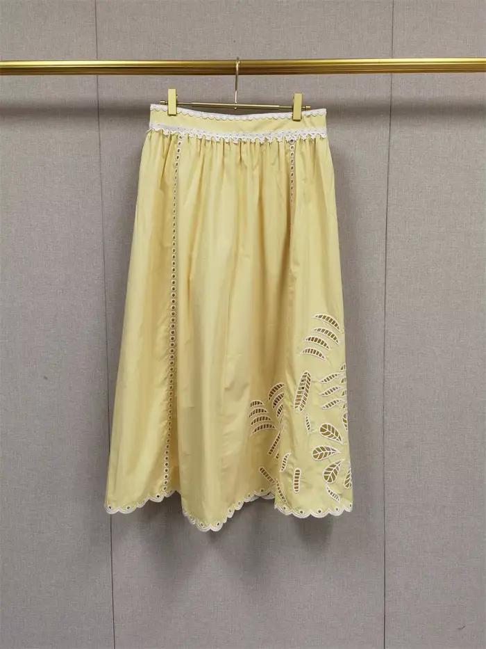 Ensemble en coton pour femme, broderie ajourée, jaune ou blanc, jupe mi-mollet ou gilet court sans manches à col rond