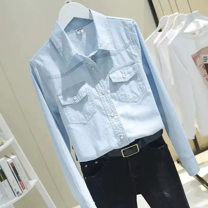 Chemise en jean lavé à manches longues en coton pour femme – Nouvelle collection printemps-automne – Haut polyvalent et ajusté – Vêtement décontracté fin style cowboy