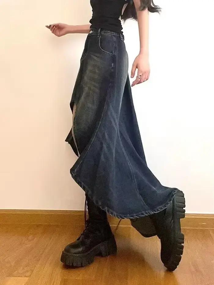 Streetwear rétro Denim jupes femmes été bouton taille haute irrégulière sirène Vintage poches décontractées dame jean jupe longue
