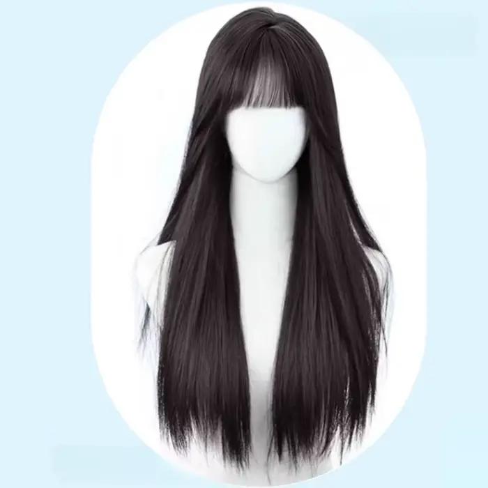 Perruque synthétique longue et lisse noire de 24 pouces avec frange pour femmes, couvre-tête complet, perruque de fête Cosplay naturelle Lolita pour cheveux longs