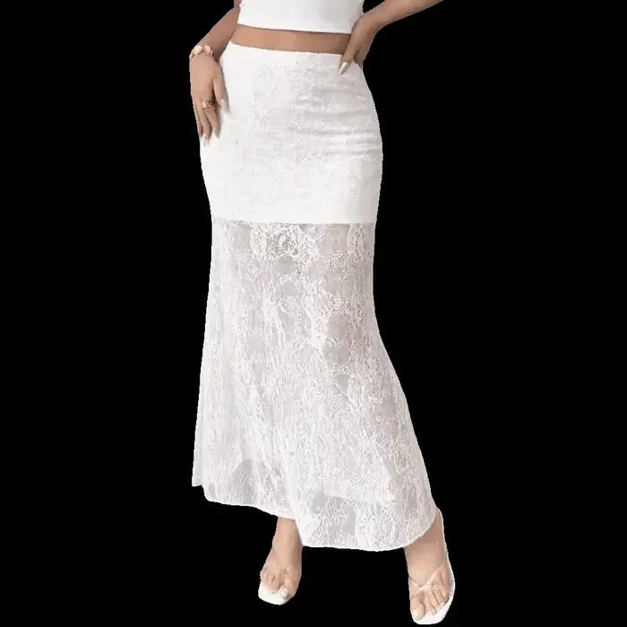 Jupe mi-longue en dentelle transparente à taille haute