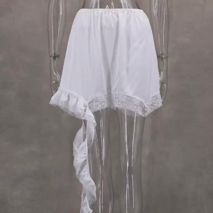Été décontracté solide jupe femme 2025 Sexy dentelle blanc asymétrique Midi jupes rue Chic Satin taille haute