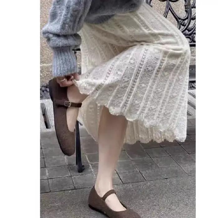 Jupe longue en dentelle beige vintage pour femmes