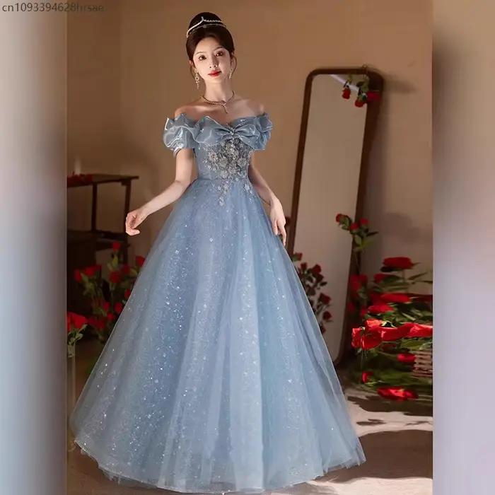 Robe de soirée de mariage bleue élégante, épaules dénudées, pour femmes, bal de Performance, luxueuse jupe longue trapèze de Style princesse