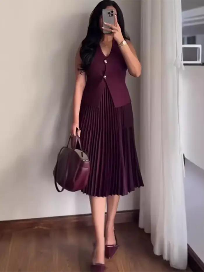 Femmes tricoté jupe ensemble vin rouge col en v sans manches Sllim gilet solide taille haute