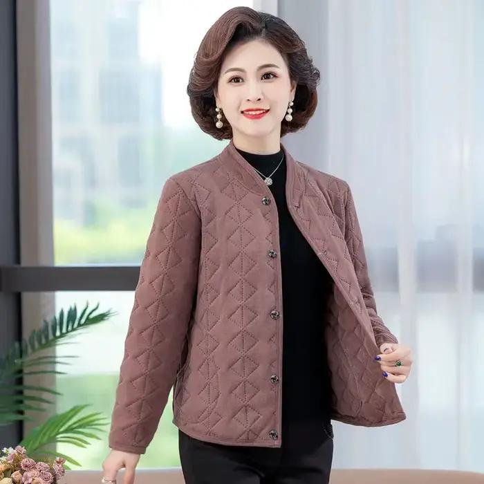 Veste courte en coton à boutonnage simple pour mère d'âge moyen, manteau mince, manches longues, chaud, document monochrome, femme, automne, hiver