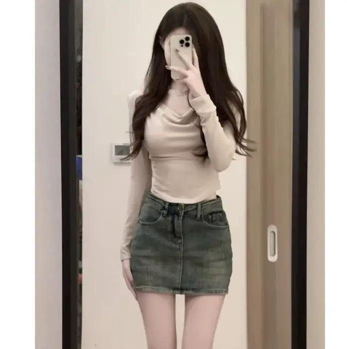 Mode taille haute Mini jupe a-ligne rétro Jean
