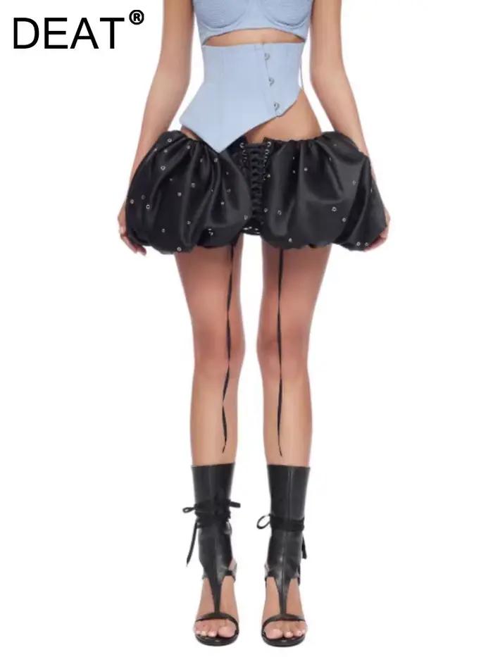 DEAT mode oeil de poulet à lacets jupe femmes élastique taille haute épicé fille moelleux Mini jupes été nouvelle marée