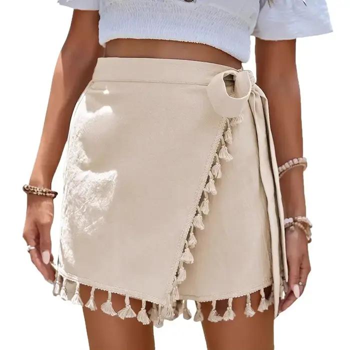 Nouvelle jupe courte taille haute pour femme avec bordure à franges – Collection Été 2026