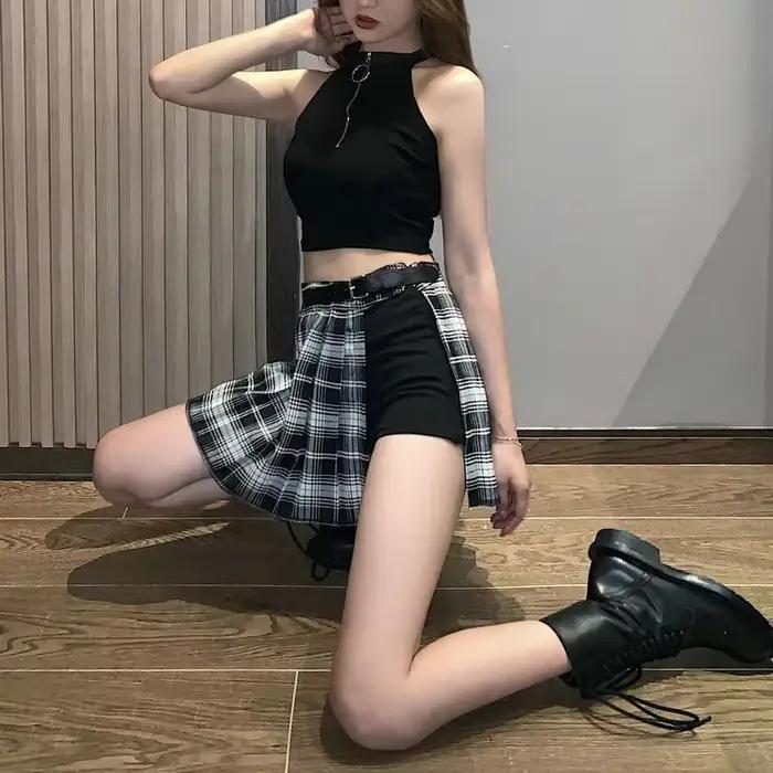 Jupes plissées rouges Streatwear plaid bouton latéral jupe femmes décontracté Mini