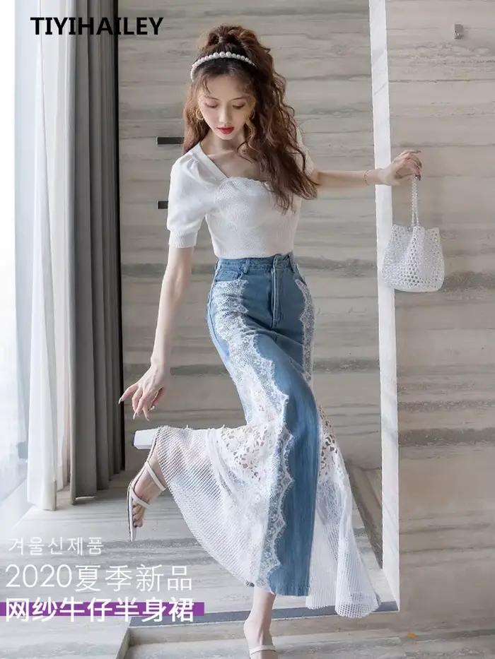 TIYIHAILEY Jupe longue maxi en jean et dentelle style sirène taille haute pour femme S-XL