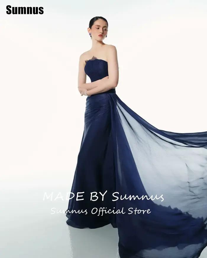 Sumnus – robe de soirée trapèze élégante, bleu marine, longueur au sol, sans bretelles, en dentelle, robes formelles personnalisées