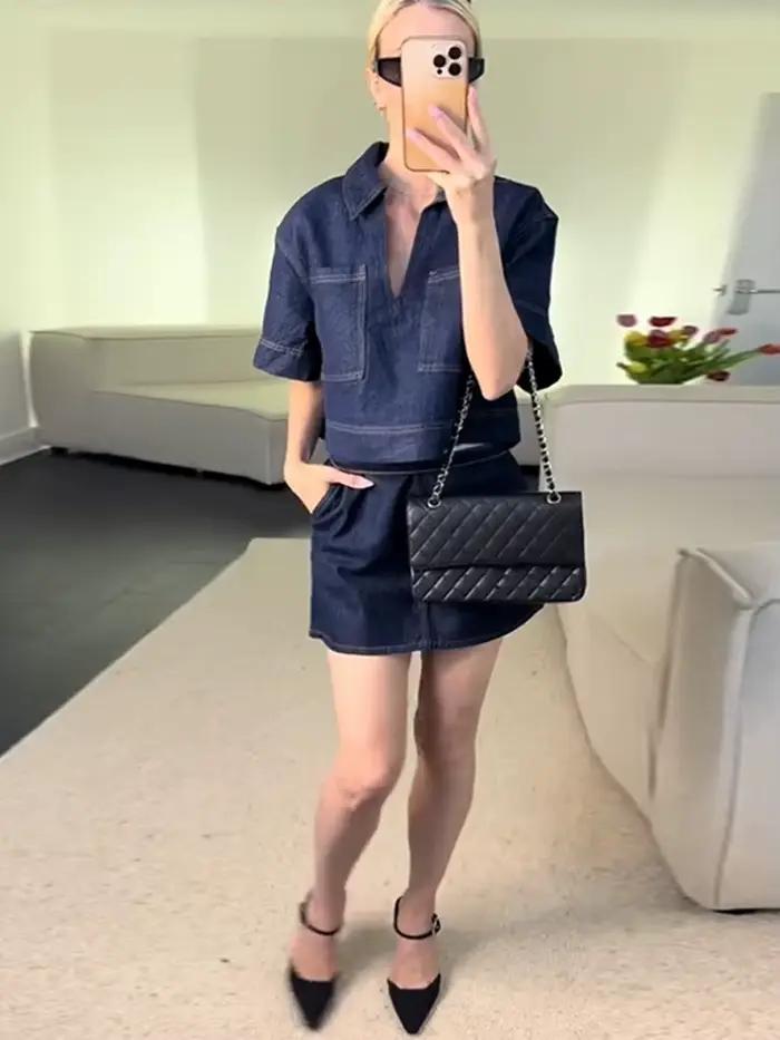 Ensemble chemise et jupe en jean pour femmes, 2 pièces, avec chemises à manches courtes, Mini jupes asymétriques pliables, tenues Streetwear d'été pour dames, 2025