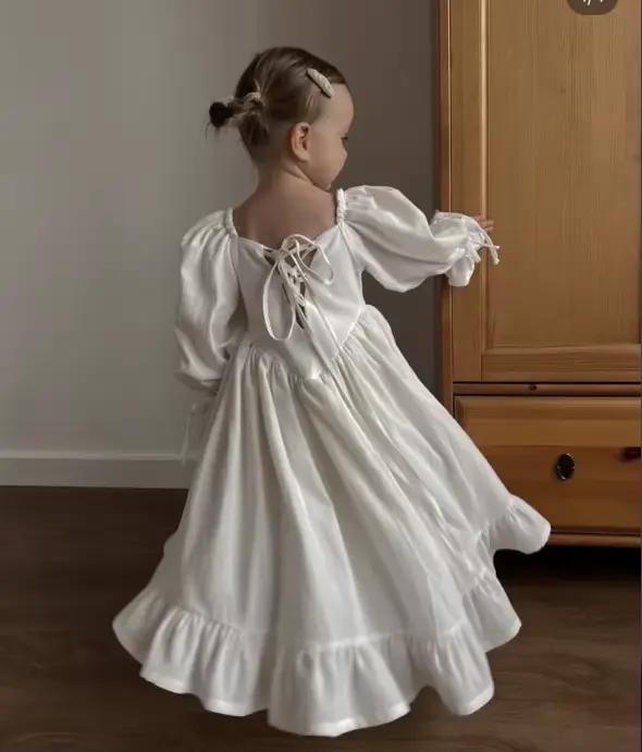 Jupe Lolita en coton et lin pour enfants, robe de princesse simple, col monochrome, rétro