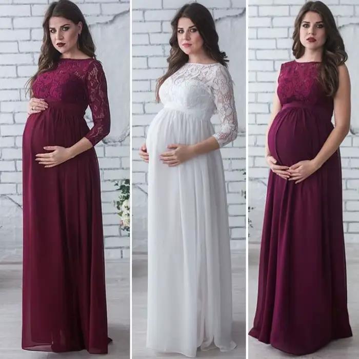 Femmes enceintes robe en dentelle maternité Maxi robe photographie vêtements 3/4 manches fête de mariage longue robe pour les dames enceintes