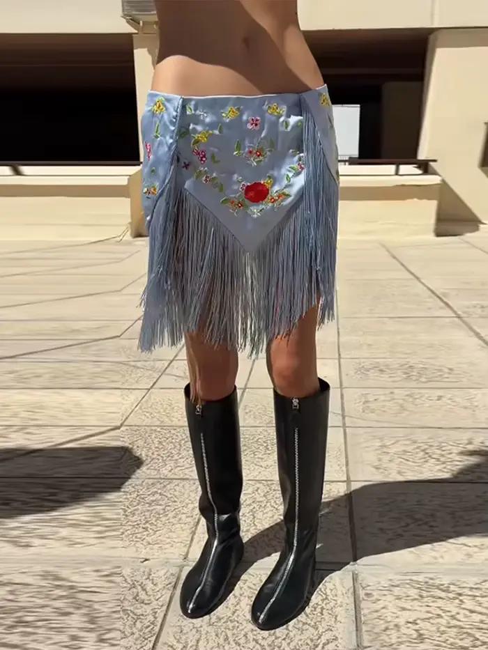 Jupe Courte Irrégulière Chic pour Femme avec Broderie et Franges