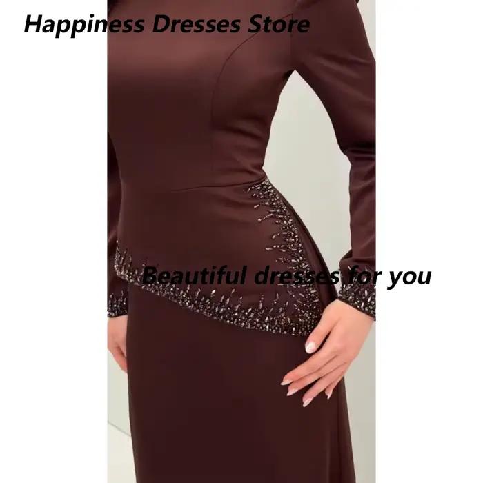 Robe de soirée marron personnalisée, col rond, manches longues, ornée de perles, coupe sirène, longueur ras du sol, robe de soirée formelle élégante pour invitée de mariage