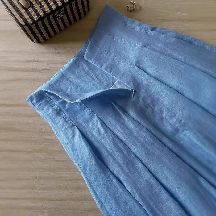 Jupe licou bleue en lin Lyocell plissé haut de gamme pour femmes
