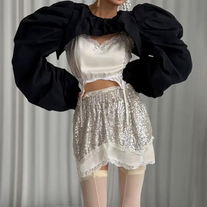 Ensemble haut à bretelles sans manches et jupe mi-longue en dentelle à paillettes sexy pour femmes – New Street Party 2 pièces
